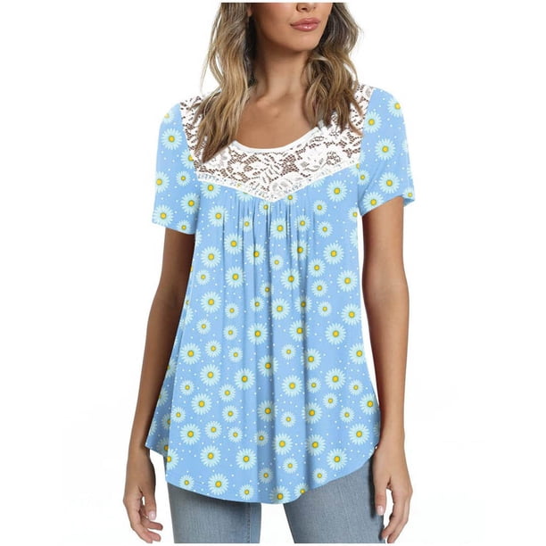 Blusa corta con cuello redondo y estampado de retazos de encaje a la moda para mujer Pompotops hfajkhk133635