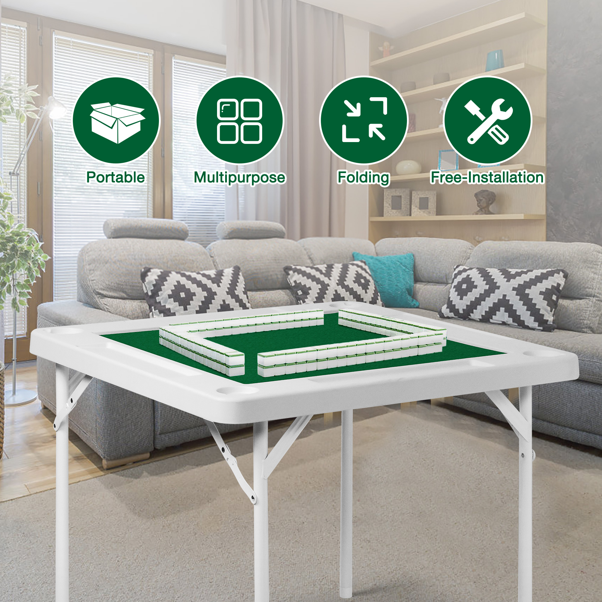 Karmas Product Folding Mahjong Table 35.4'' Foldable Square 4 Player Card Poker Table with Cup Holders & Chip Trays for Playing Mahjong, Pokers, Dominoes, Jigsaw Puzzles, Board Game