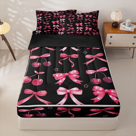 Homewish 3D Cartoon Red Cherry Zipper Twin Comforter Sets with Fitted Sheet and 2 Pillowcases For Girls,Cute Ribbon Bow Zipper Bedding Set For Kids,Black Reversible,4-Piece