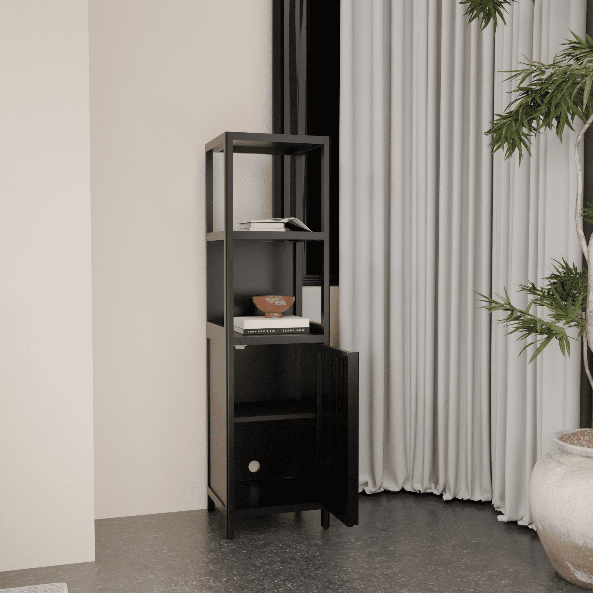 Yoneston 4-Tier Bamboo Bathroom Shelf Storage Cabinet, Tall Slim Cabinet Freestanding with Shelves and Door, Display Shelves for Living Room, Black