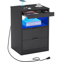 LED Nightstand Black Nightstand with Wireless Charging Station 2 Drawers, Modern Bedroom End Side Table with LED Lights, Wooden Sofa Bedside Table with Pull-Out Shelf