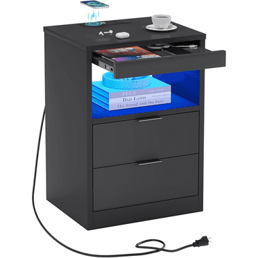 LED Nightstand Black Nightstand with Wireless Charging Station 2 Drawers, Modern Bedroom End Side Table with LED Lights, Wooden Sofa Bedside Table with Pull-Out Shelf