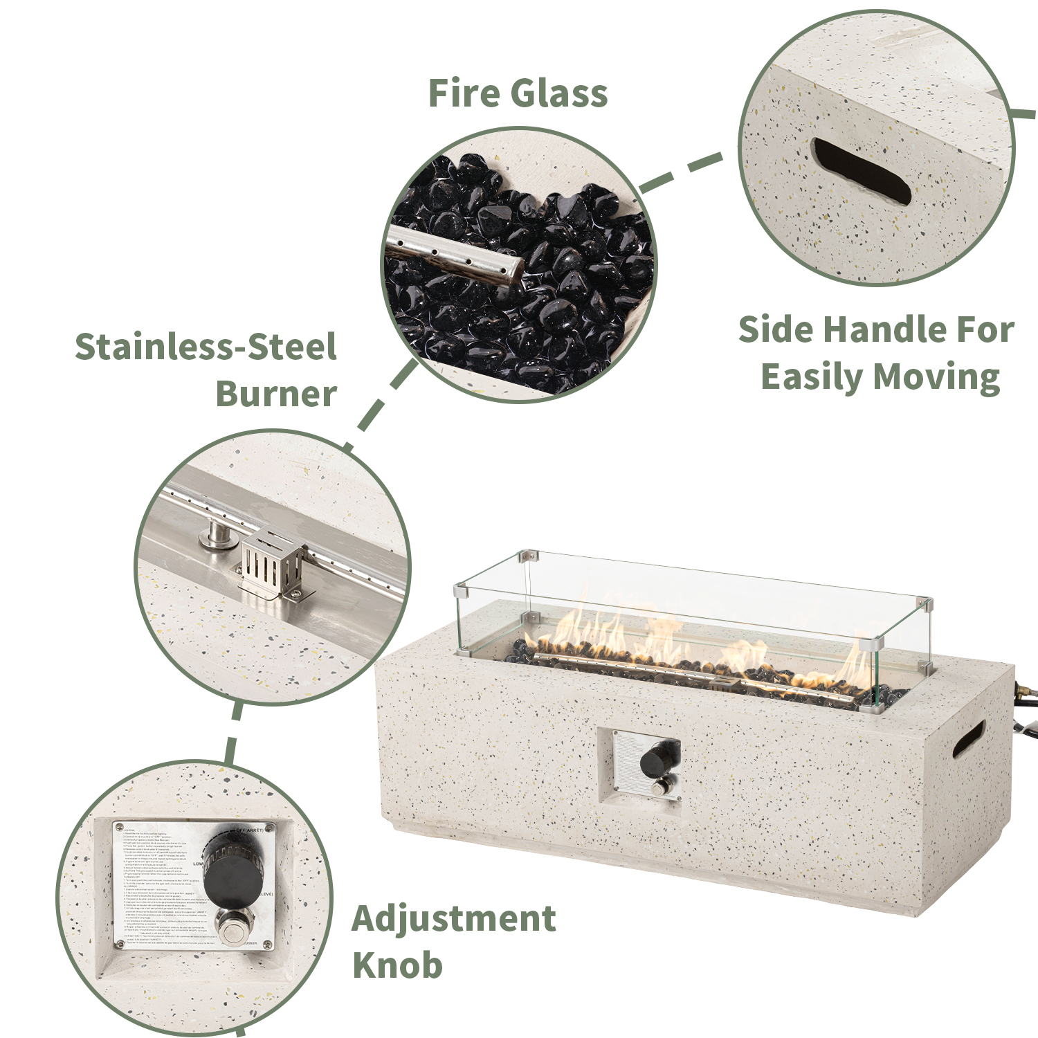 VENTOPYR 42" Rectangular Propane concrete Fire Pit Table with Wind Guard, Tank Table & Fire Glass​​
