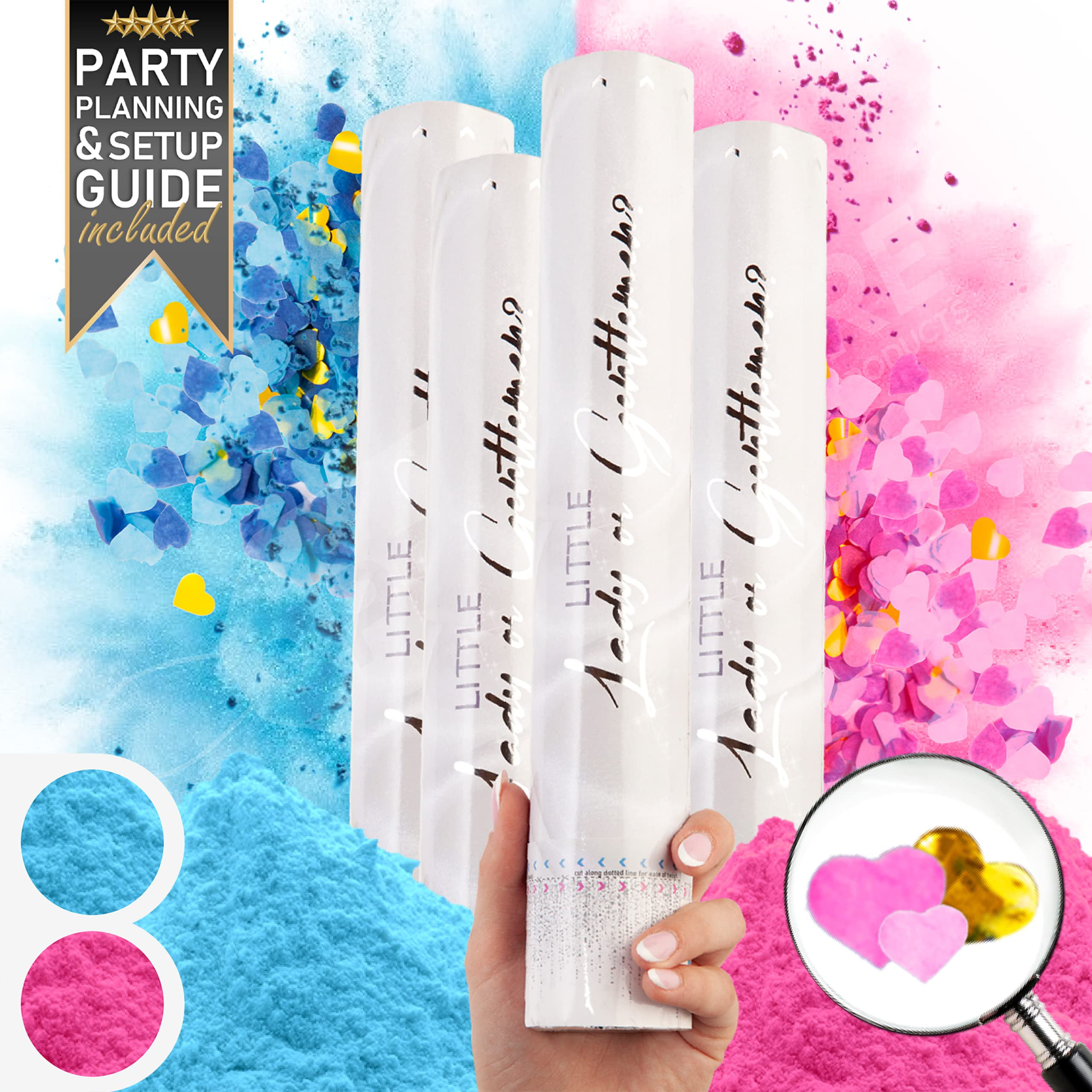 Set of 2 in Pink and Blue Gender Reveal Confetti and Color Powder Cannon for Boy or Girl Baby Shower and Reveal Party Premium Large 16 Inch Biodegradable Confetti Dispensers with Colorful Powder 