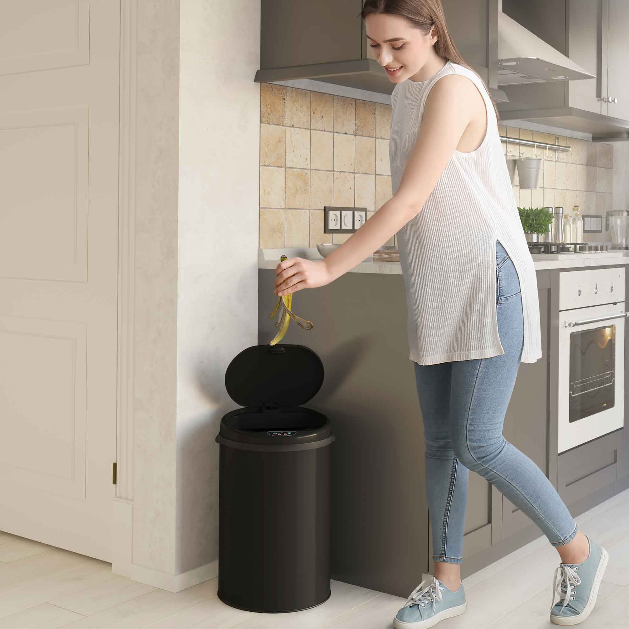 iTouchless 8 Gallon Round Deodorizer Matte Black Stainless Steel Sensor Trash Can
