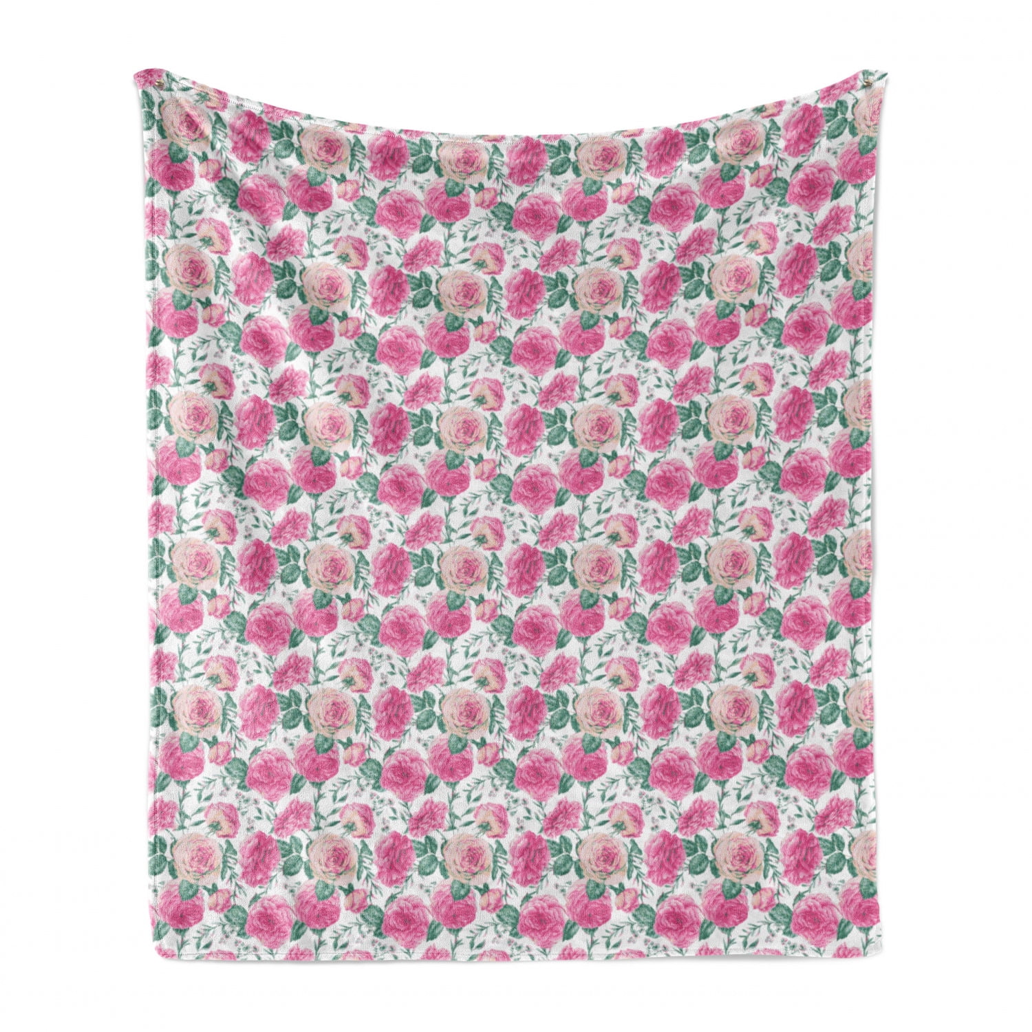 Flannel Throw 60'' X 50'' Rose Flower Fleece Blanket Soft Comfy Pompom Fringe Blanket Throws for Outdoor and Indoor 