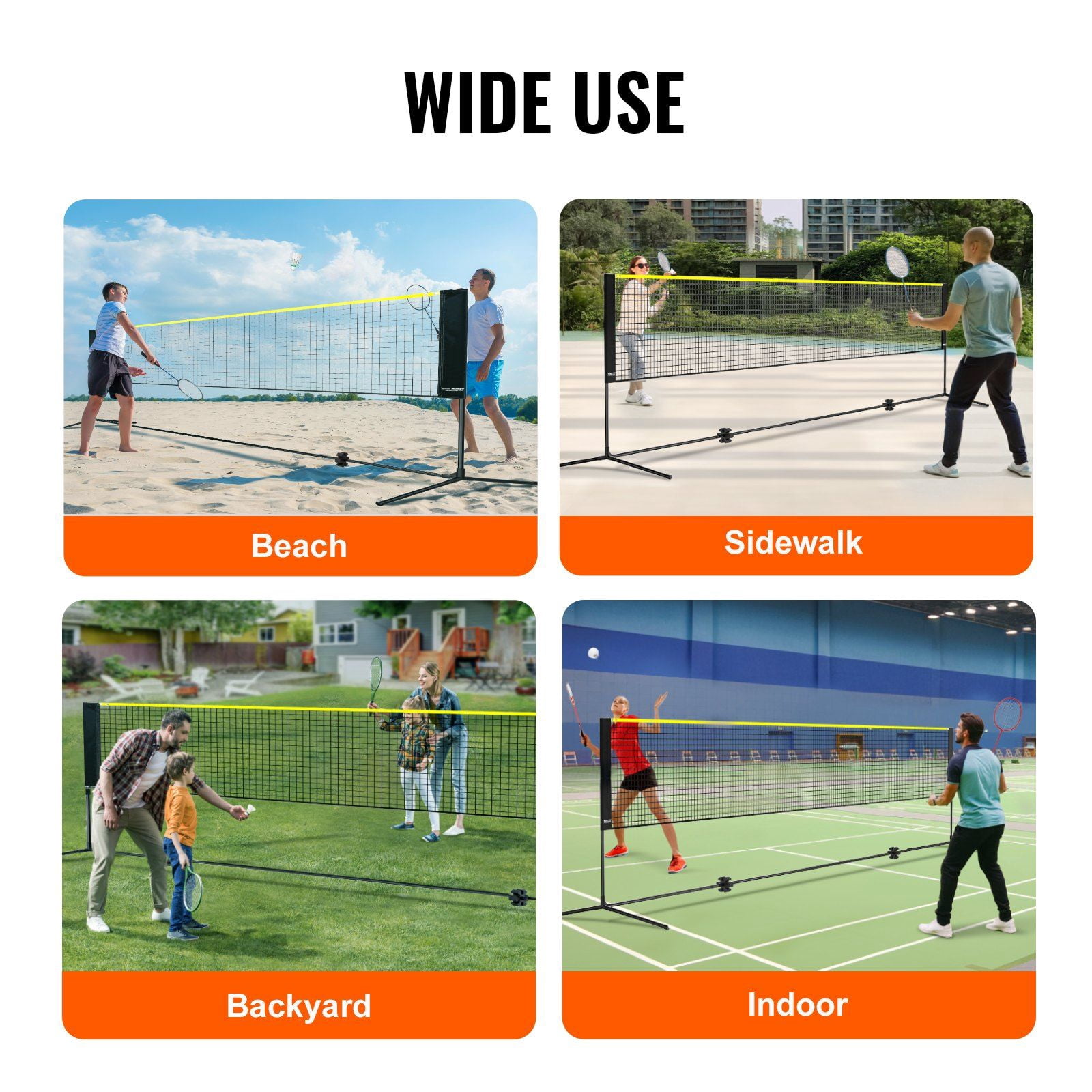 VEVOR Badminton Net, Height Adjustable Volleyball Net, 20ft Wide Foldable Pickleball Net, Portable Tennis Net Set with Poles, Stand, Bag, Rackets, Nylon Shuttlecocks, Kid Backyard Indoor Out