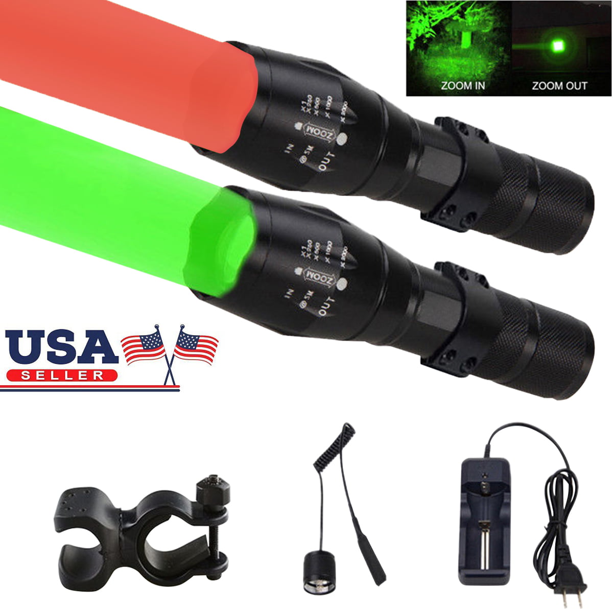 Details about   500yard Zoom Red /Green Hunting Flashlight LED Light Coyote Hog Varmint Predator 