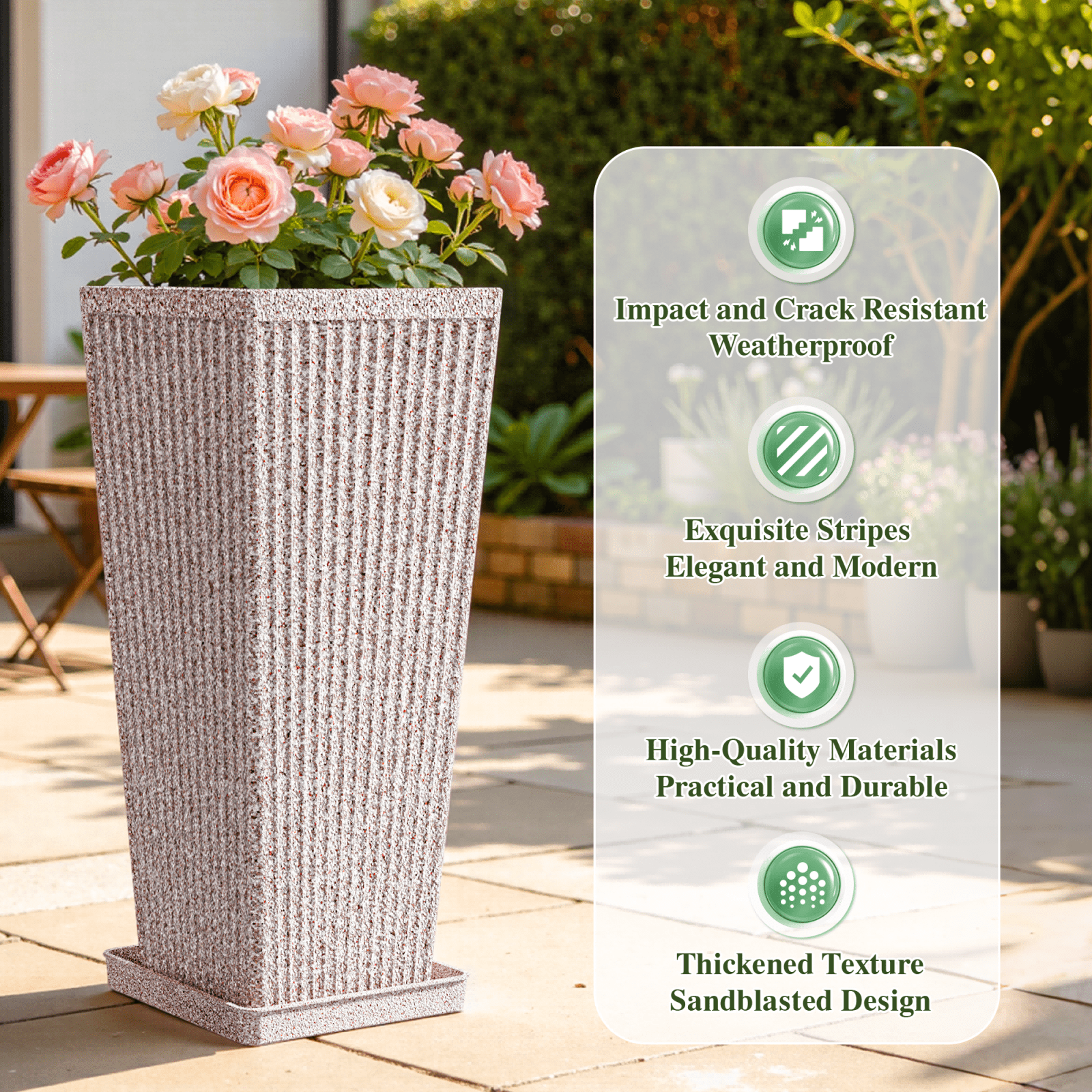 TOPCOMFY Tall Planters for Outdoor Plants Set of 2, 23.6" Modern Tapered Indoor Flower Pots with Drainage Holes/Partition/Tray for Porch Patio Garden, Brown
