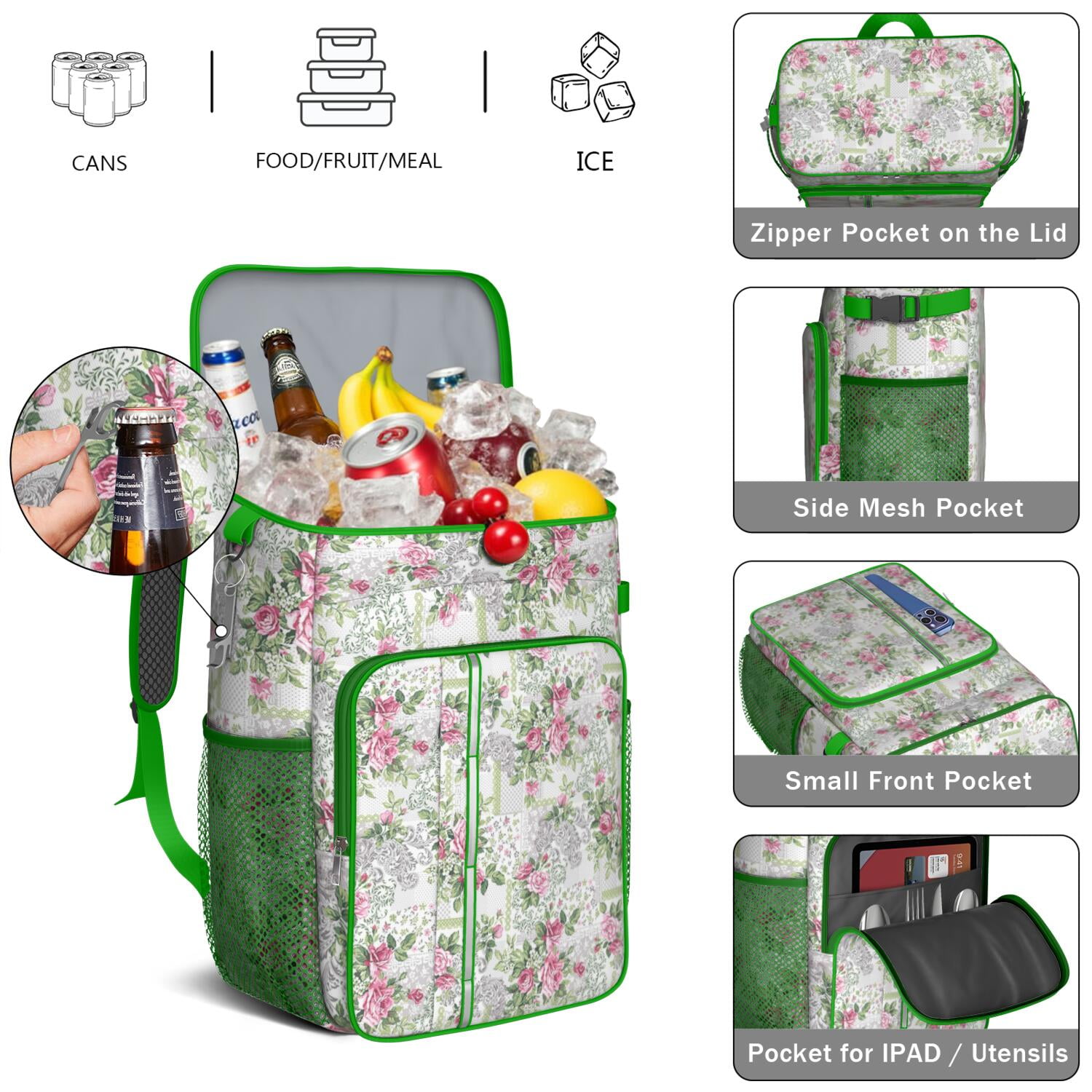 Travel Cooler Bag - Pioneer Flower Floral Print Pattern Camping Beer Cooler Backpack with Bottle Opener- Waterproof Insulated Picnic Backpacks - Cooler Bag for Beach