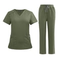thumbnail image 2 of Minjewel Women's V-Neck Short Sleeve Scrubs for Women Set with Pockets, Soft & Durable Scrub Set for Hospital, Clinic & Caregiving,Army Green L, 2 of 6