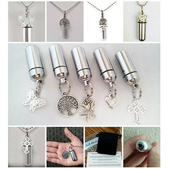 Family Assortment of FIVE ENGRAVED CREMATION URNS - Rose/Tree of Life/Butterfly/Cross/Open Heart - with Velvet Pouches, Ball-Chains, Fill Kit