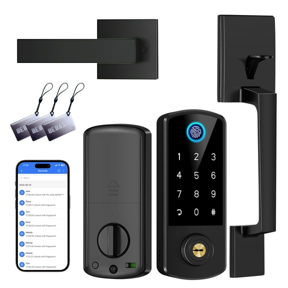 Keyless Entry Door Deadbolt with Handle Set, Fingerprint APP Smart Door Lock, Digital Keypad Bluetooth Deadbolt Lockset with Auto Lock Code Fob Black
