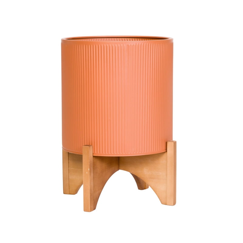 Fluted Metal Planter Pot With Arch Wood Base - Terracotta Color - 18"H x 14"W
