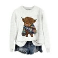 thumbnail image 4 of SYMOID Retro Ribbed Crew Neck Highland Cow Plaid Scarf Womens Sweatshirt - Soft Polyester Cropped Loose Fit, Inclusive Sizes (S-XXXXXL) White,Size L, 4 of 4