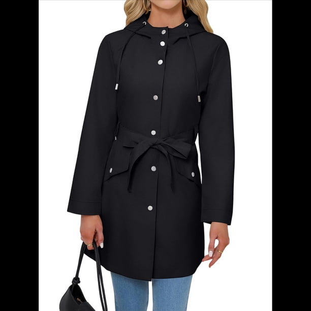 Chaqueta Impermeable con Capucha Clásica para Mujer, con Cinturón y Cordón para Actividades Al Aire Libre, Cortavientos Negro L