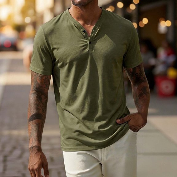 Ceisia Men's Short Sleeve Henley Shirt Solid Color V-Neck Button Placket Breathable Quick Dry Casual Tee Army Green Gifts for Father 3X