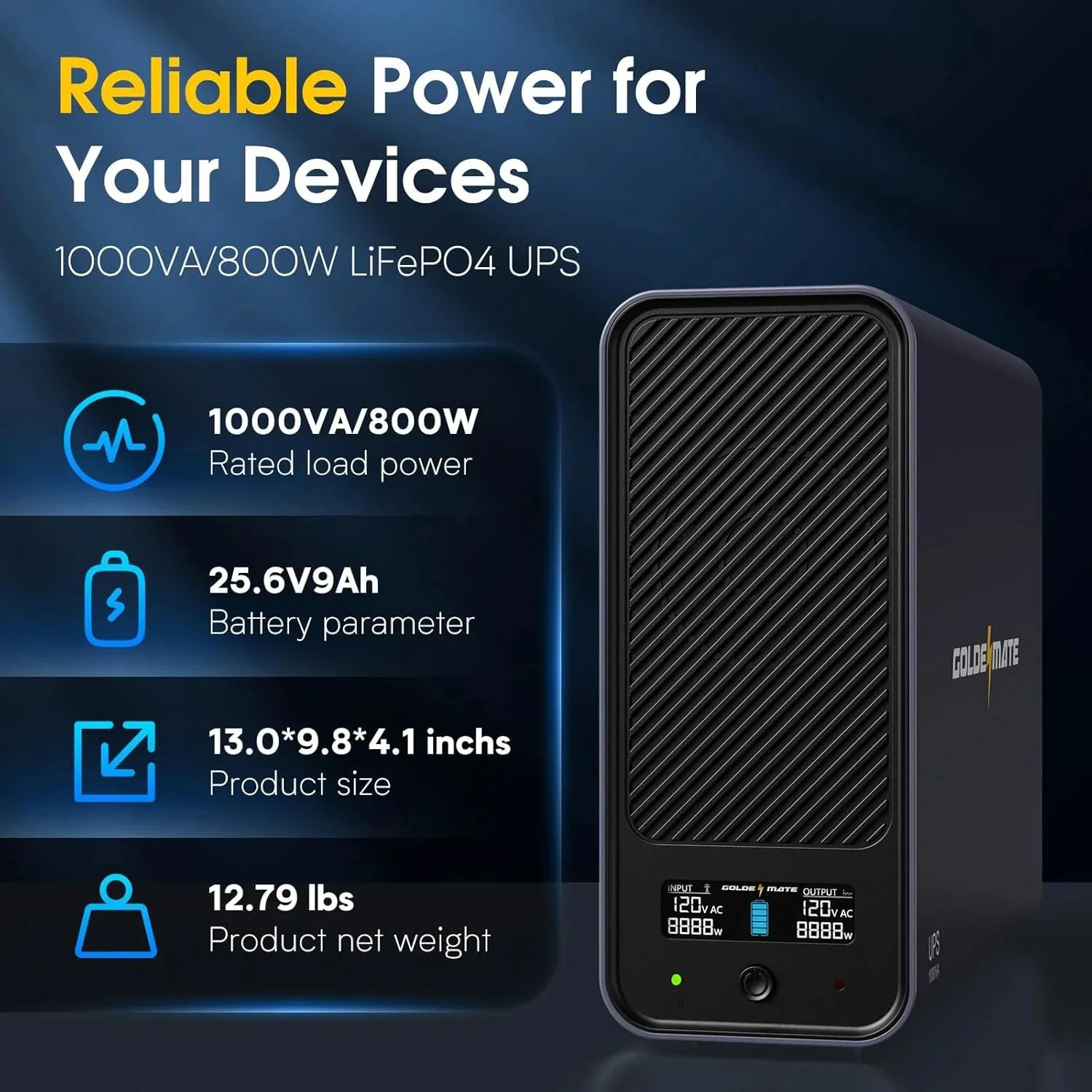 GOLDENMATE 1000VA/800W Lithium UPS Battery Backup, Surge Protector with LiFePO4 Batteries(230.4 Wh), Sinewave UPS System, 10 Years Lifespan, 8 Outlets, LCD Display, Gray