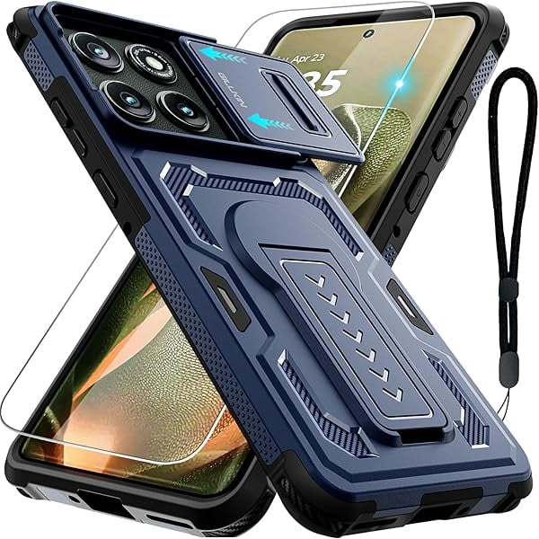 wonima11 for Motorola Edge 2025 Case with Screen Protector, Slide Camera Cover & Kickstand, Lanyard Strap,Military Grade Shockproof Protective Heavy Duty Non-Slip Phone Case for Moto Edge 2025, Blue