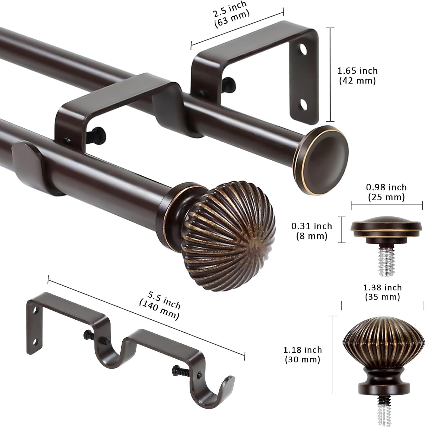 eTeckram 5/8" Double Curtain Rod with Bateau Finials,Bronze Gold,84‘’-120‘’