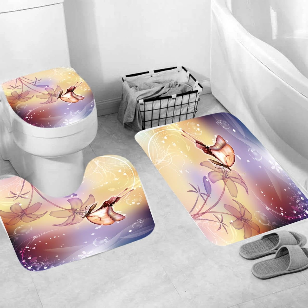 Bathroom Sets with Shower Curtain and Rugs, Bathroom Curtains Shower Set Include Waterproof Shower Curtain Non-Slip Rug Toilet Lid Cover Bath Mat and 12 Hooks