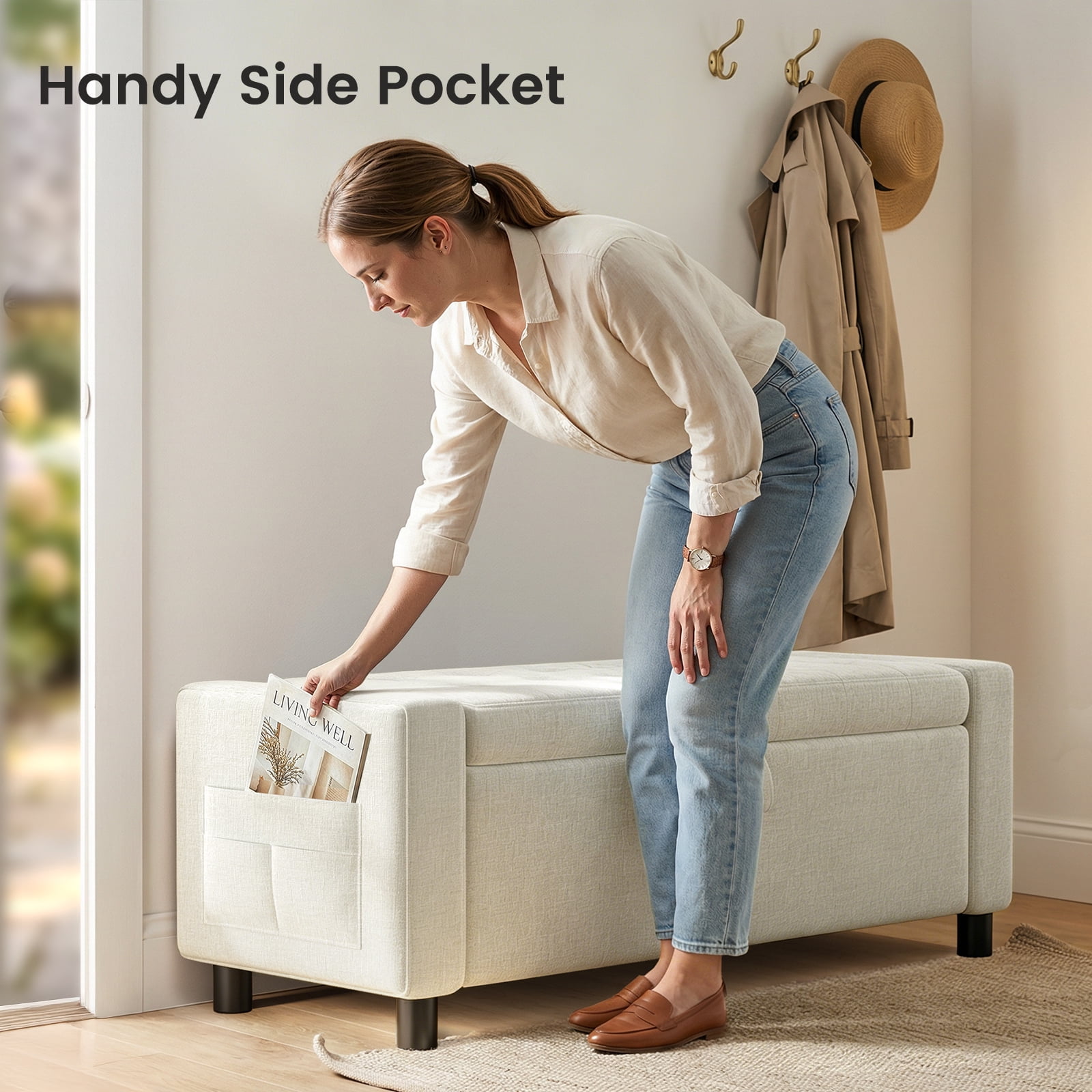 46" Storage Ottoman Bench with Hidden Compartment & Side Pocket,400 lbs Capacity,Safety Hinge,Multi-Functional End of Bed/Entryway Storage,Beige