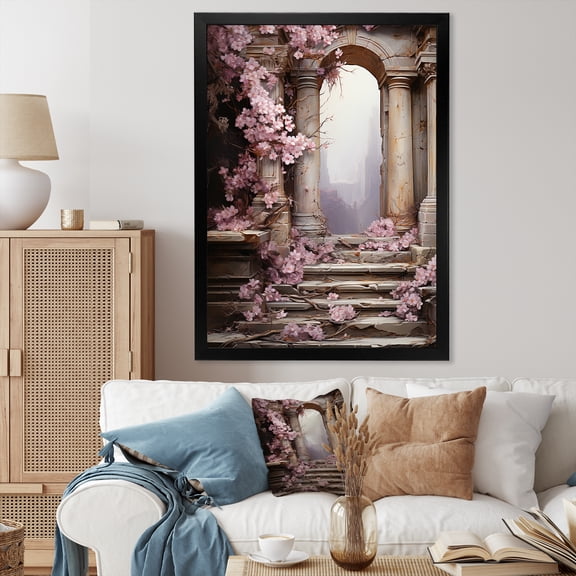 Designart "Door to Blooms in Ancient Ruins" Fashion Framed Wall Art - Glam Pink Fantasy Bedroom Framed Canvas Wall Art