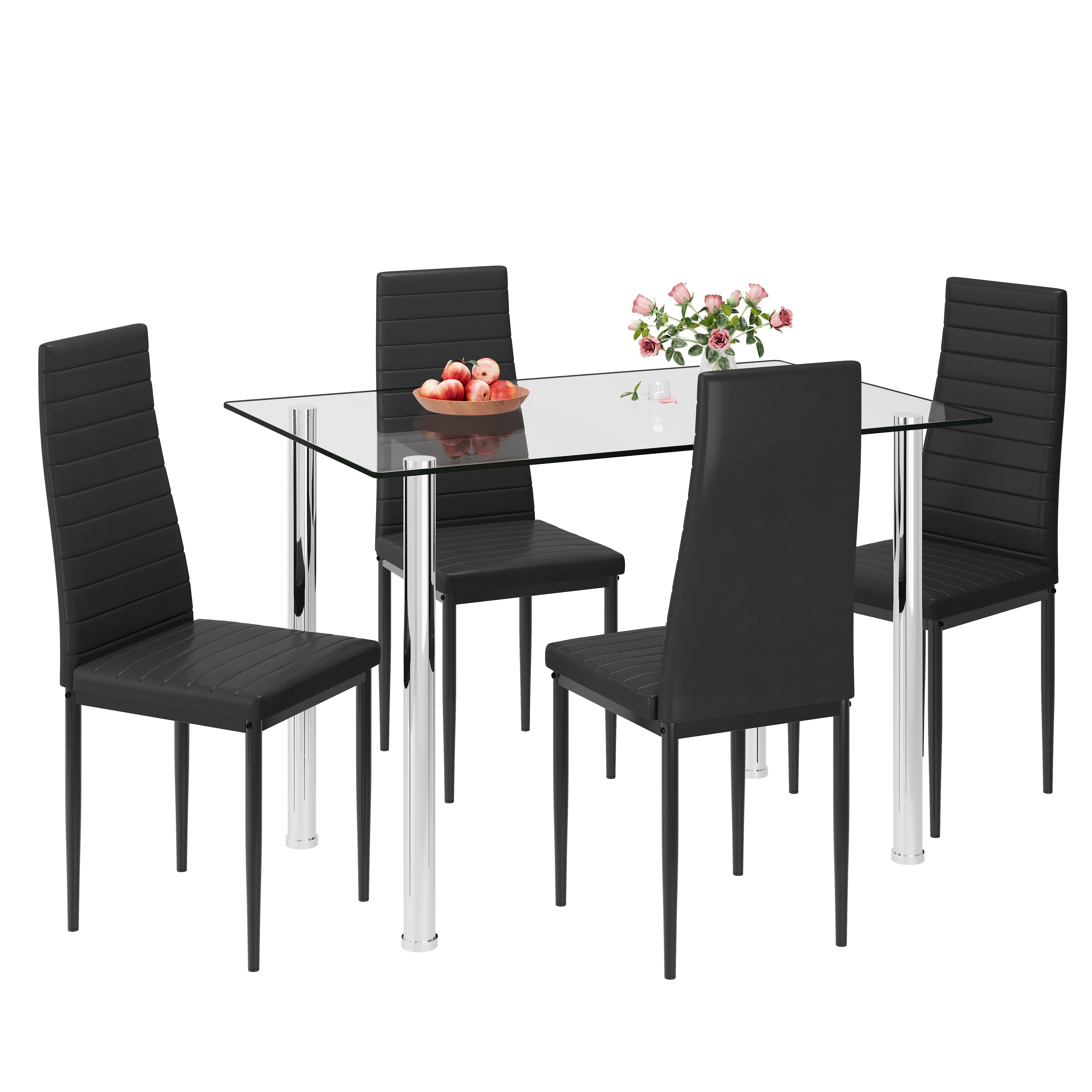 PAPROOS Dining Table Set for 4, Modern Kitchen Table Sets with Tempered Glass Dining Table and 4 PU Leather Chairs, Compact Dining Room Set for Small Space, Home Dinette Set for 4, Black