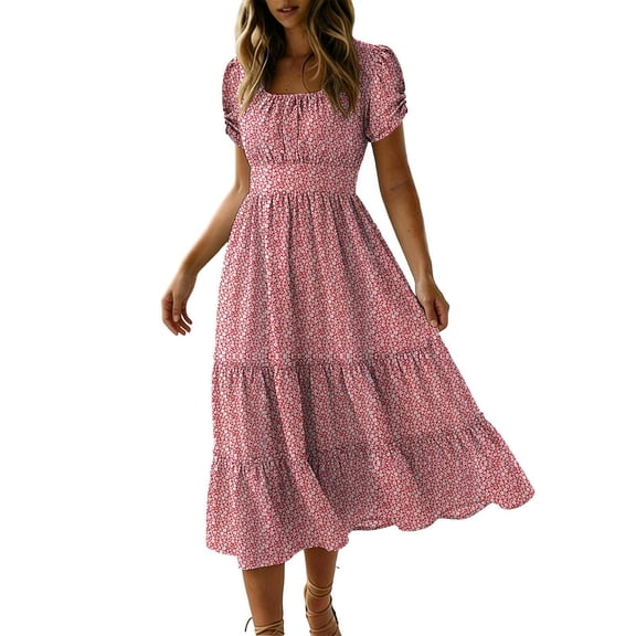 Ecqkame Summer Dresses for Women A Line Tunic Square Neck Short Sleeve Floral Print Dress Casual Flowy Boho Vacation Midi Dress Red L