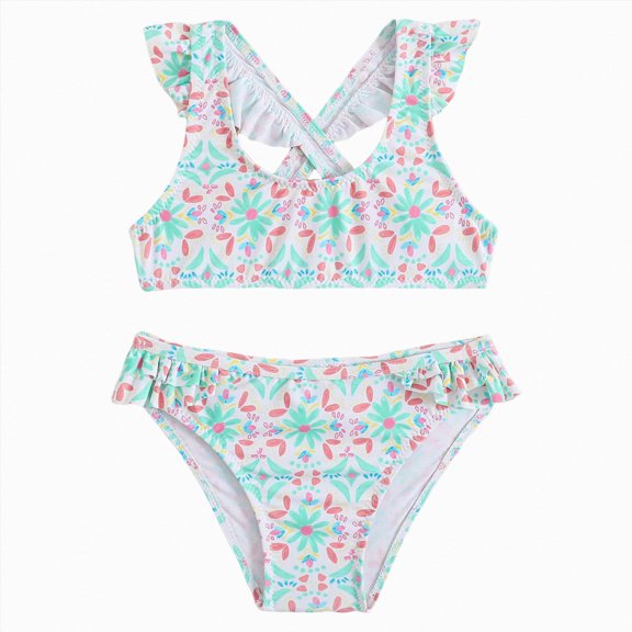 Ymyiu Toddler 2 Piece Swimsuit Girls Girls Swimsuit 2 Piece Bathing Suit Ruched Girl Tankini Sets Printed Girls' Swimwear Size 11-12 Years (Green,11-12 Years)