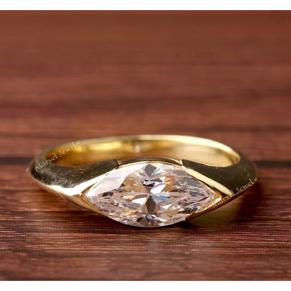 East West Diamond Engagement Ring, Marquise Cut Diamond Ring, Women's Solitaire Diamond Ring, Half Bezel Set Ring, 14K Yellow Gold Plated, 1.5 Ct Simulated Diamond, Gift For Her