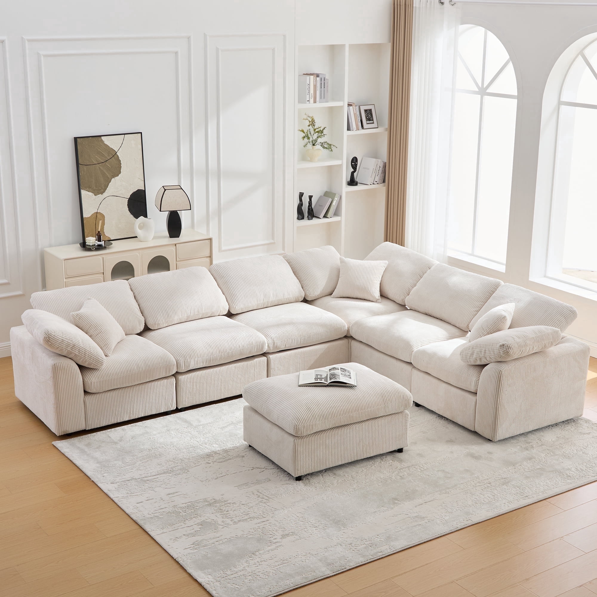 BINBANK Oversized 7-Seater Modular Sectional Sofa with Movable Ottoman, Corduroy L-Shaped Couch for Living Rooms/Apartments/Offices,Beige