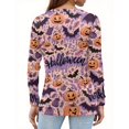 thumbnail image 3 of WTOBBY Women's Halloween Bat & Pumpkin Print V Neck Button Detail Long Sleeve T Shirt, Casual Graphic Tee Top for Daily Wear, Fall Comfort Shirt,Purple XL, 3 of 4
