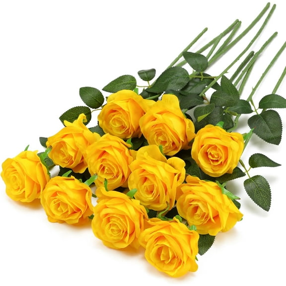 Yellow Fake Roses Artificial Flowers - Fake Artificial Roses Silk Flowers with Stems for Home Wedding Hotel Office Centerpiece Decor