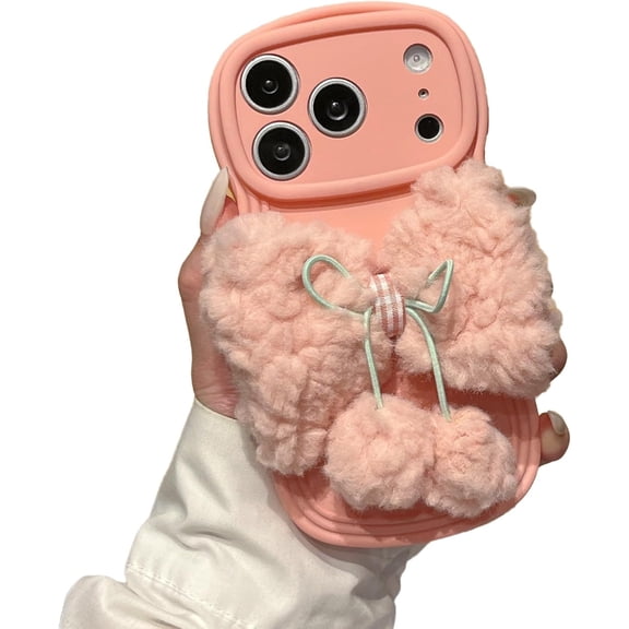 Wavy Frame with 3D Big Plush Bowknot Bow Knot Phone Case for iPhone (iPhone 14 Pro Max,Pink)