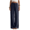 thumbnail image 6 of NIEWTR Linen Wide Leg Pants Woman High Waisted Pull On Button Drawstring Baggy Casual Summer Palazzo Pants with Pockets（Navy,L), 6 of 9