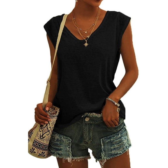TAGOLD Womens Plus Size Summer Tops,Womens Plus Size Tops,Womens Solid Color Cap Sleeve Blouses T-Shirt Casual Loose Fit Basic Shirts Tank Tops Black XXXXL