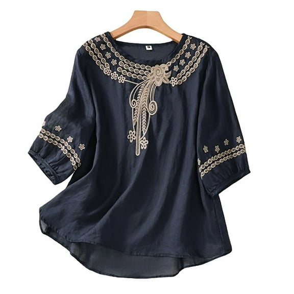 Alkepwun Women's Bohemian Embroidered Blouse Crew Neck Lantern Sleeve Shirts Fashion Dressy Tops Tunics