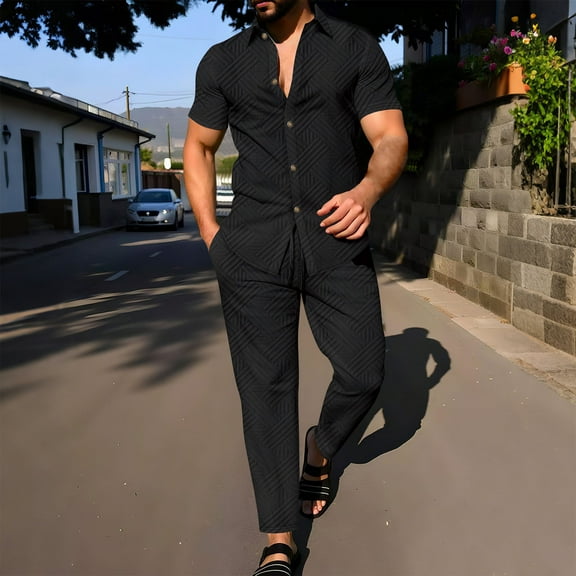 FRSASU Men Summer Casual Short Sleeve Pant Sets Solid Button Down Shirt Elastic Pants 2 Piece Outfits Beach Tracksuit Black L(L)