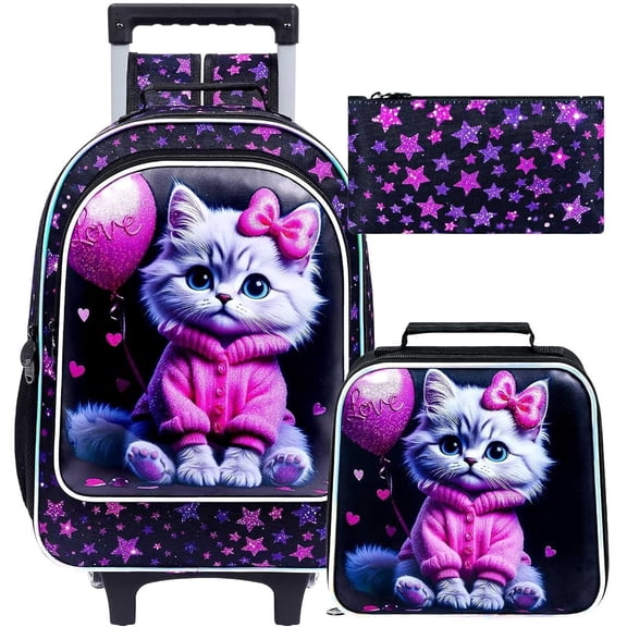 3PCS Girls 18 Inch Cat Pattern Rolling Backpack Set, Lightweight Wheeled School Bag with Lunch Box for Preschool Elementary Kids, Black