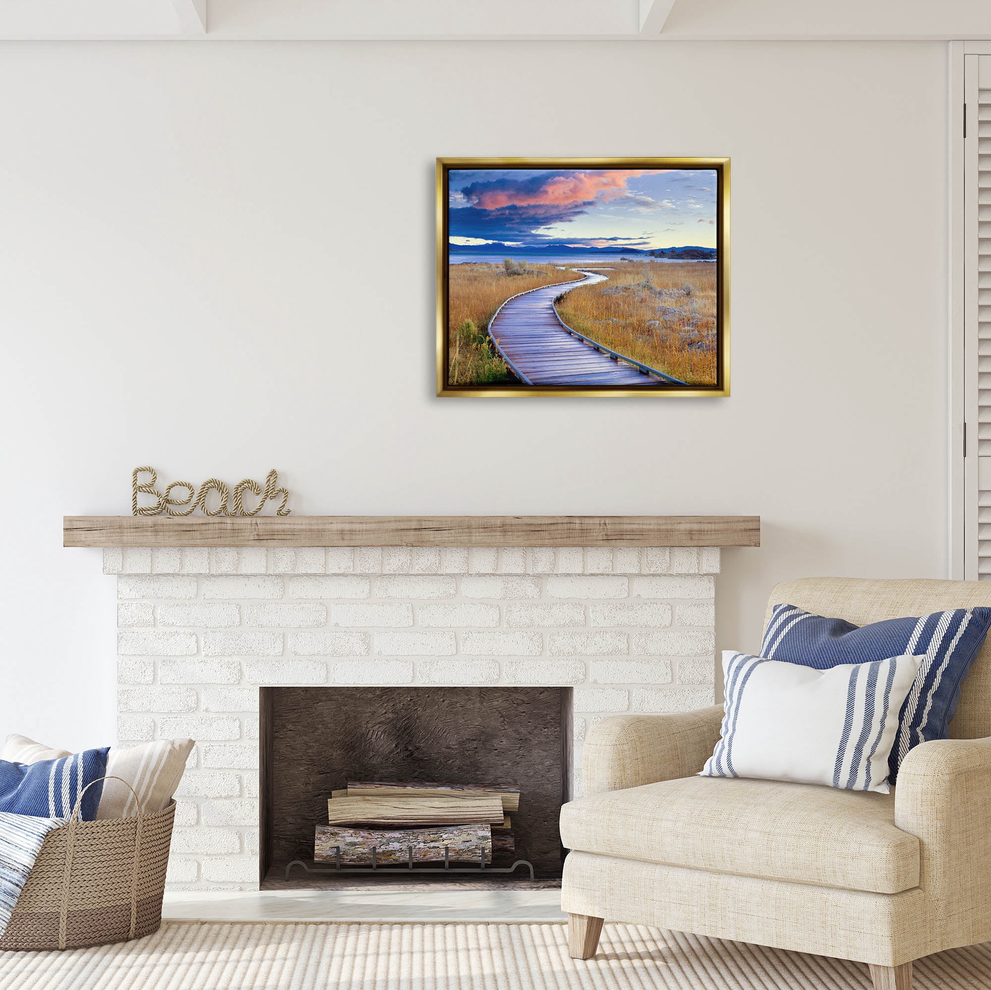 Stupell Industries Coastal Boardwalk Sunset Coastal Photography Gold Floater Framed Art Print Wall Art