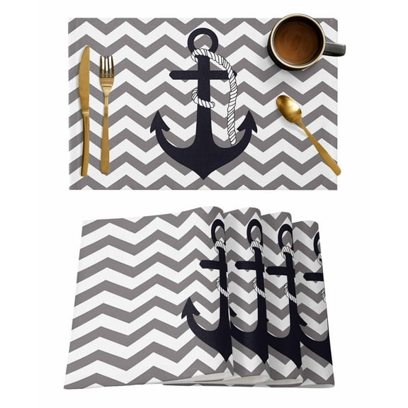 Black Nautical Anchor Placemats Set of 6, Gray Stripe Modern Wavy Lines Placemats for Dining Table, Place Mats for Kitchen Tabletop, Waterproof Wipeable Dining Table Mats Set