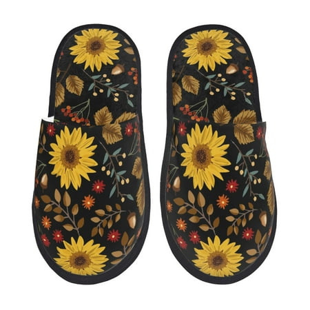 Balery Sunflowers Leaves Slient Indoor Furry Fleece Comfort House Shoes Soft Non-Slip Home Shoes Cotton slippers House Slippers-- Medium