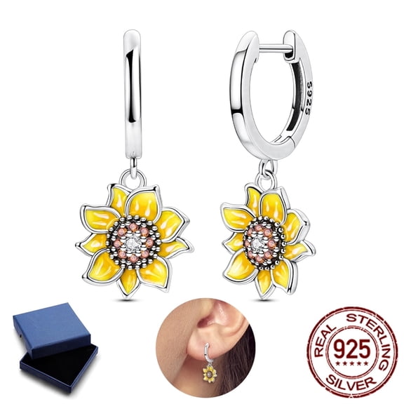 NARMO 925 Sterling Silver Yellow Sunflower Huggie Hoop Earrings for Women, Hypoallergenic Sparkling AAA CZ Jewelry Gift with Box
