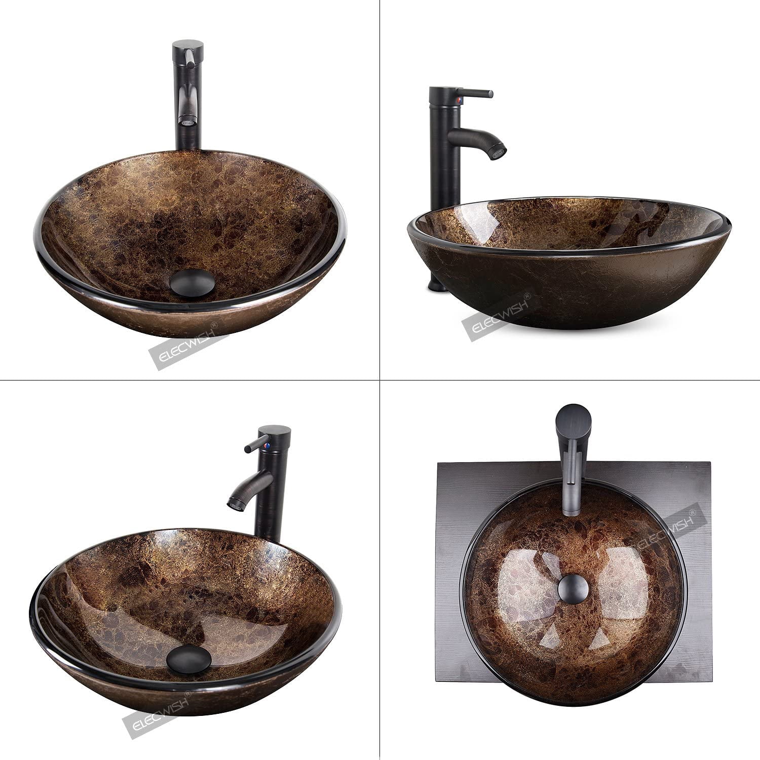 ELECWISH Bathroom Vessel Sink with Faucet Mounting Ring and Pop Up Drain 16.5 Inch Tempered Glass Basin (Brown)