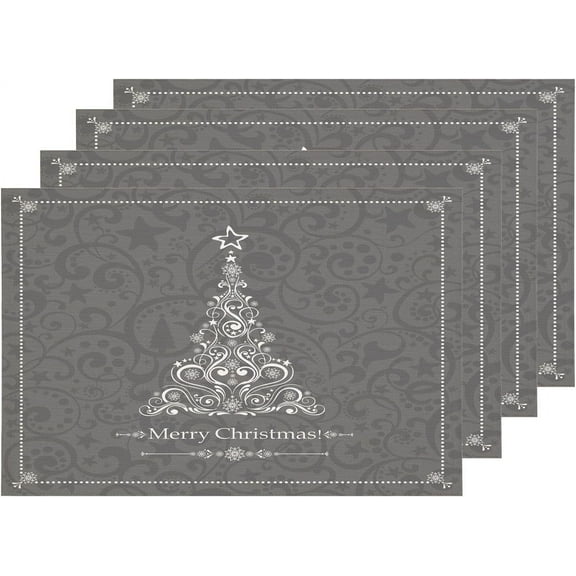 White Christmas Christmas Placemats, Grey Tree Table Mat Linen Burlap Washable Double-Deck Heat Insulation for Dining Table Kitchen Table Set of 4 (12 x 18 inch)