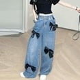 thumbnail image 5 of Girls Barrel Jeans Denim Elastic Wasit Wide Leg Pants Cute Embroidered Pants for Toddler Girl 13-14 Years, 5 of 8
