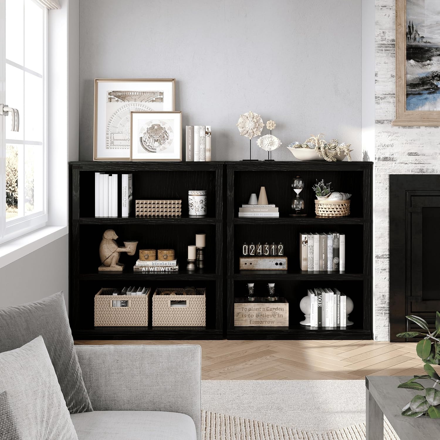 5 Tier Farmhouse Bookcase, 67.4" Tall Book Shelf with Storage, Wooden Bookshelves 5 Shelf Display Shelves for Home Office(67.4" H x 31.5" W x 12.8" D) (Black, 40.0" H x 31.5" W x 12.2" D)