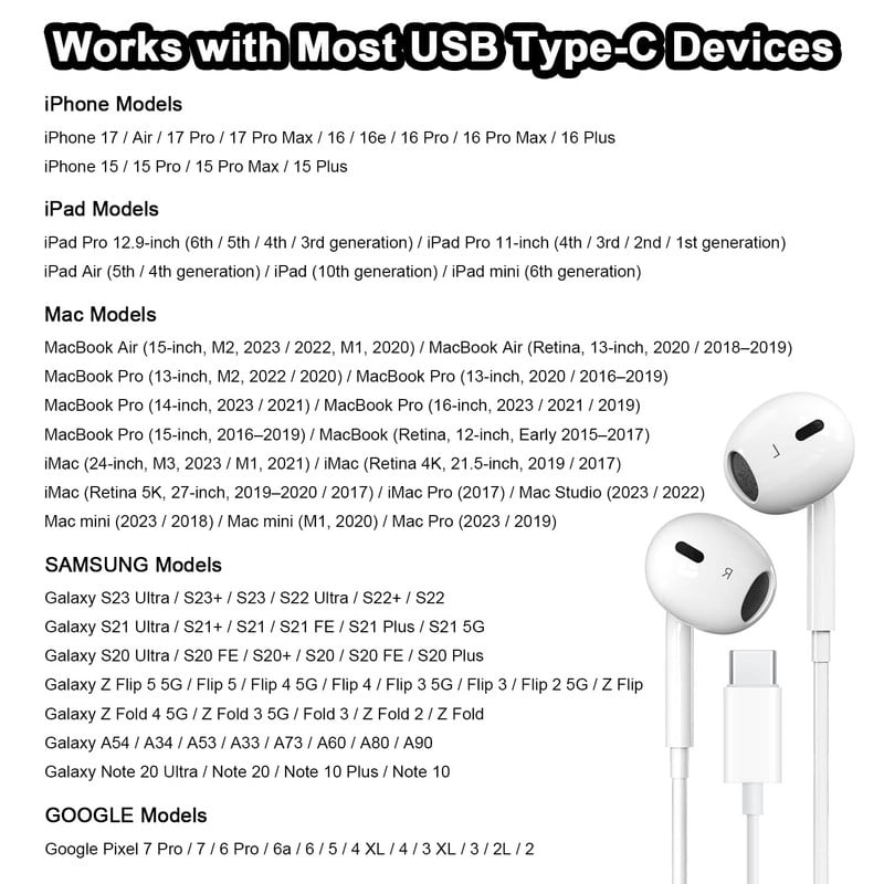 USB C Headphones Compatible with iPhone 17 16 15, for iPad Pro, Type-C Earphones with Microphone Volume Control Wired Earbuds, for Google Pixel 8 7 6A 5 for Samsung S25 S24 S23 S22 S21 S20 A55 -White