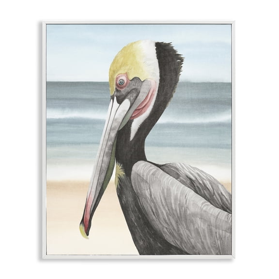 Stupell Industries Tropical Pelican & Coastal Shore White Framed Giclee Art, 11 x 14, by Grace Popp
